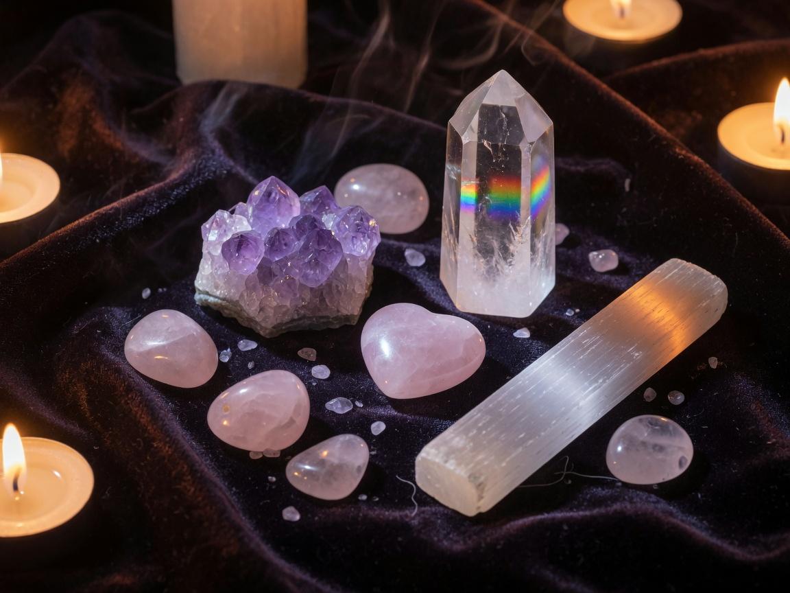 Healing crystals arranged on dark fabric in candlelight.