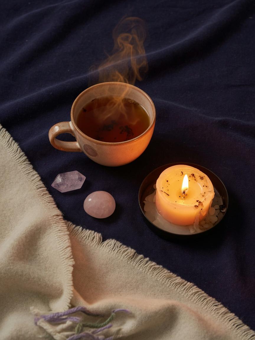 A warm cup of tea beside crystals after a healing session.