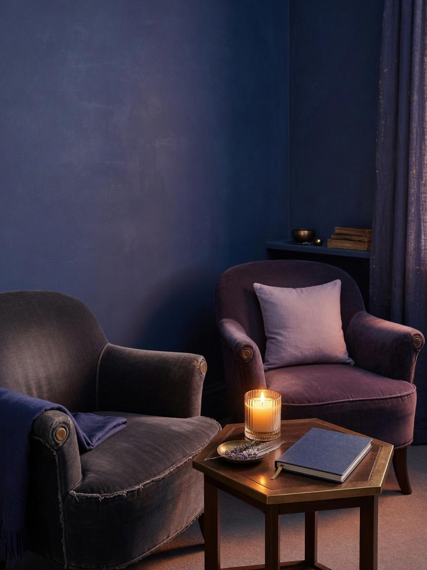 A quiet consultation space with candlelight and soft fabric.