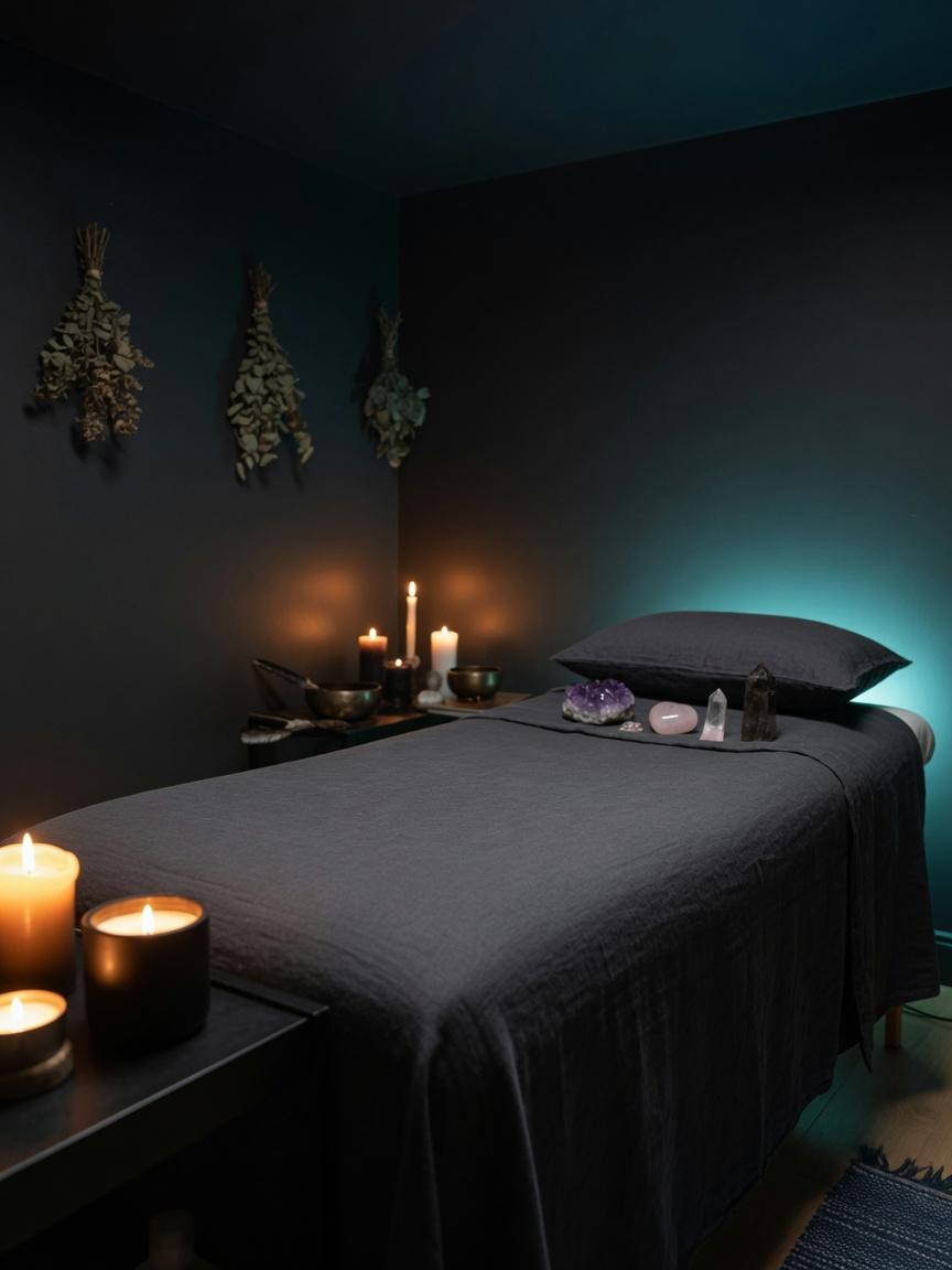 A treatment table prepared for energy healing with crystals nearby.